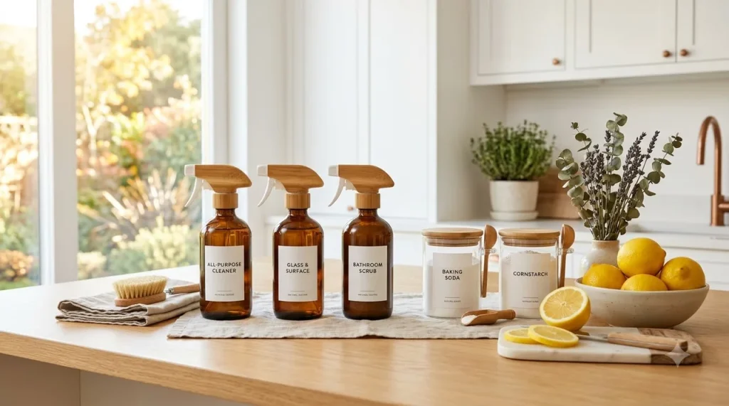 Natural cleaning hacks and eco-friendly spray bottles in a modern kitchen